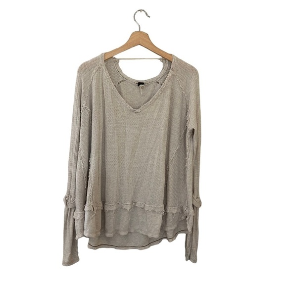 FREE People Shirt Womens Small Laguna Thermal V Neck Relaxed Boho Casual Tan - Picture 2 of 10